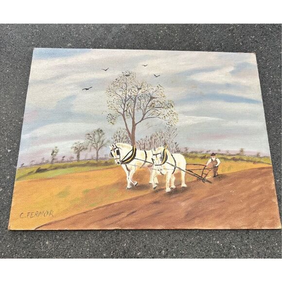 Vintage Oil Painting Farming With Horses" signed by C. Fermor - Picture 1 of 9